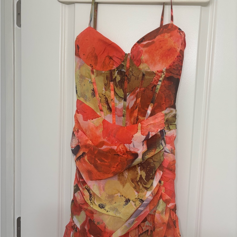 Floral Strapless Dress - Red and Orange